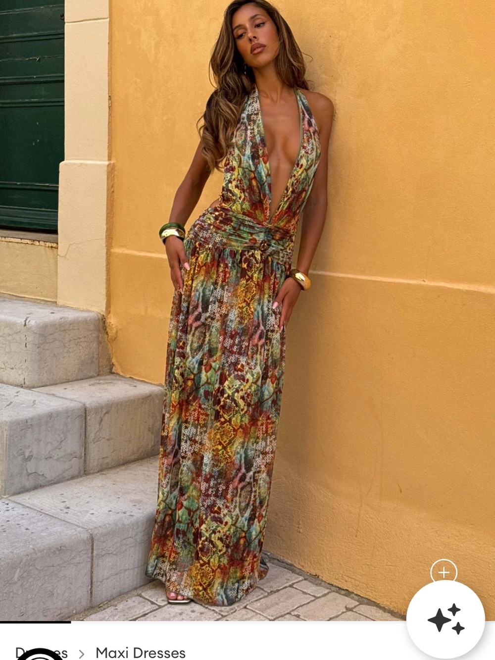 Deep V Halter Maxi Dress in Multi-Color Print